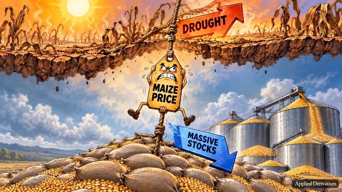 Cartoon: a worried maize price tag hangs on a rope between a drought-cracked field pulling it up and sacks of grain and full silos pulling it down.