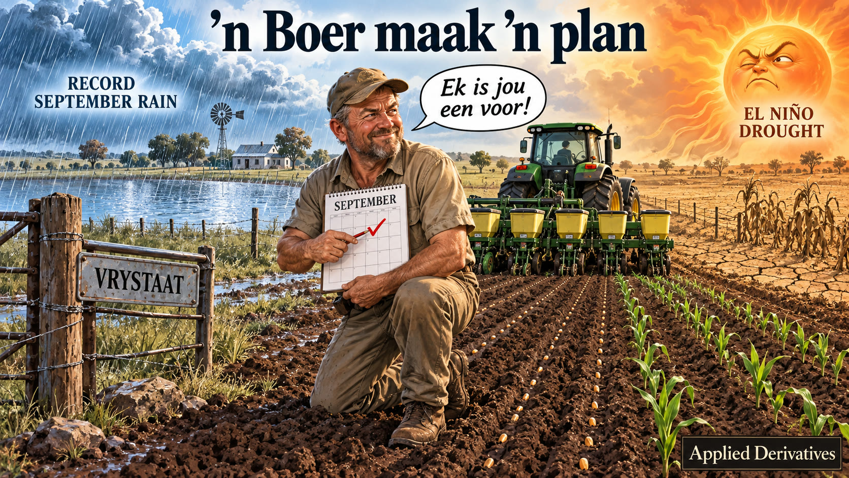 Illustration: an Afrikaans Free State farmer prepares an early maize planting in rain-soaked September soil while El Niño drought risk looms on the horizon.