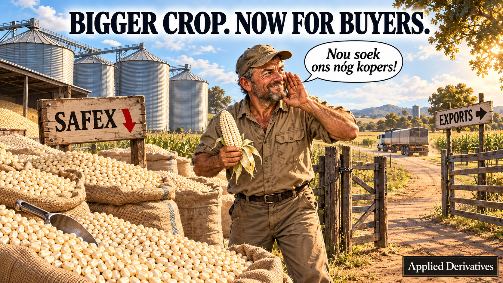 Editorial cartoon of a South African farmer with white maize, abundant grain, a lower SAFEX price arrow and an open gate toward export markets.