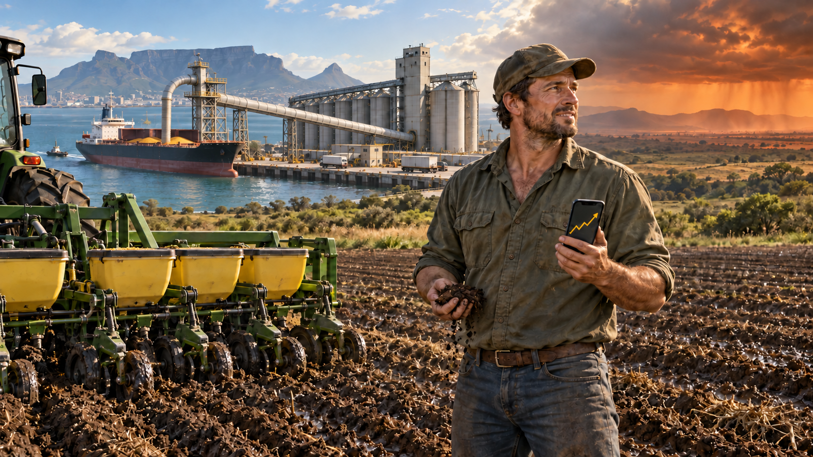 South African maize farmer prepares to plant in moist soil as yellow maize unloads into a Cape terminal under an El Niño-threatened horizon